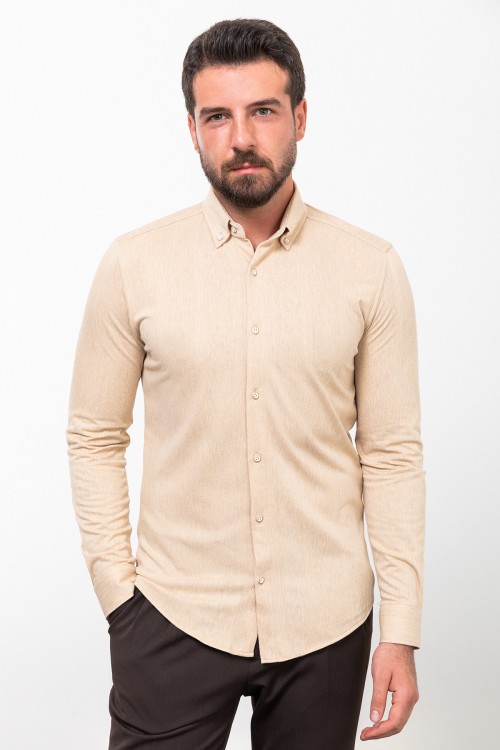 Beige Color Striped Design Casual Cotton Men's Shirt