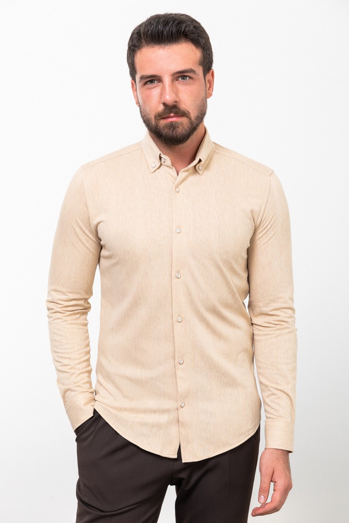 Beige Color Striped Design Casual Cotton Men's Shirt