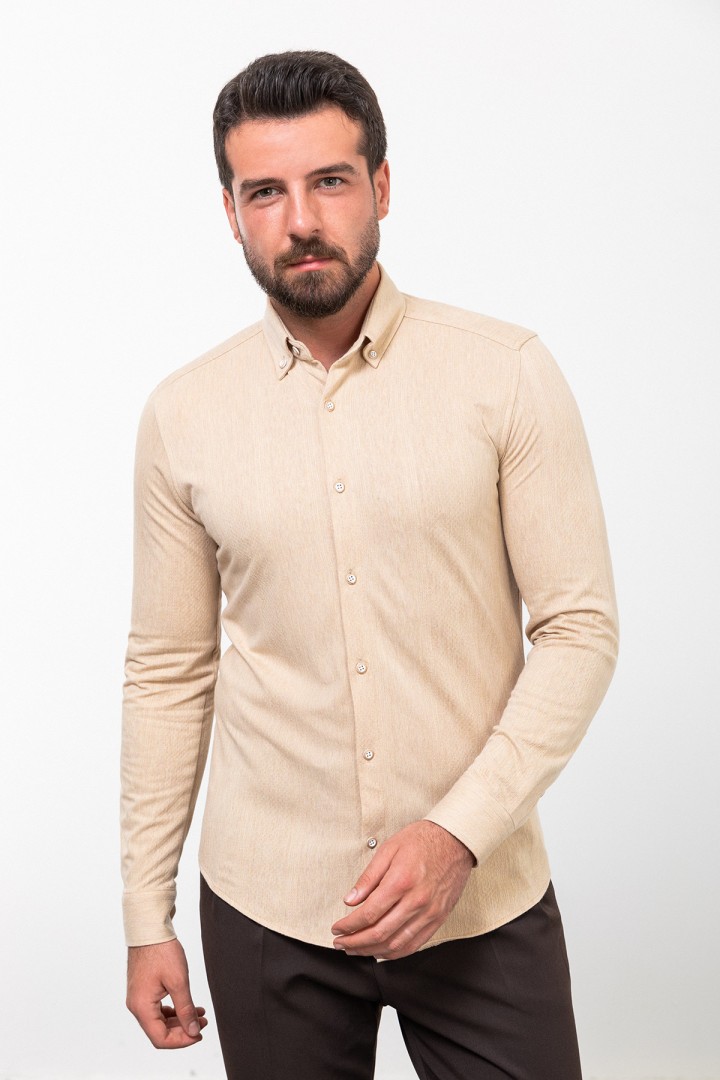Beige Color Striped Design Casual Cotton Men's Shirt