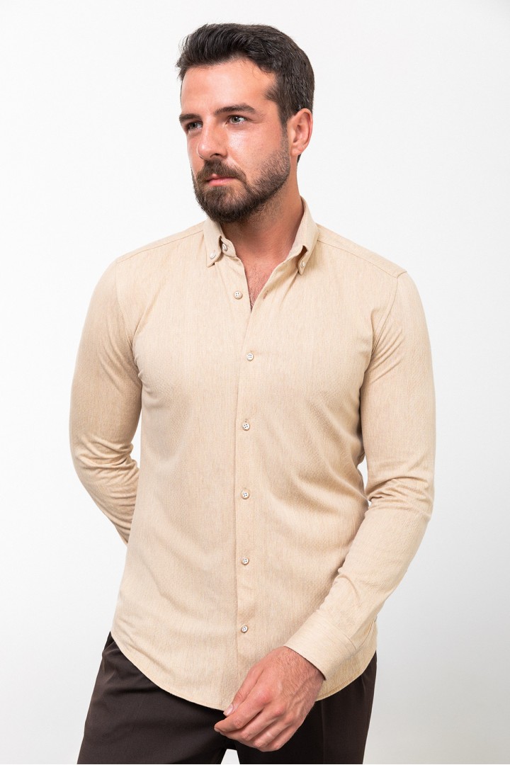 Beige Color Striped Design Casual Cotton Men's Shirt
