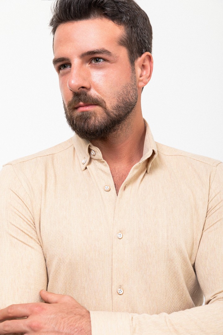 Beige Color Striped Design Casual Cotton Men's Shirt