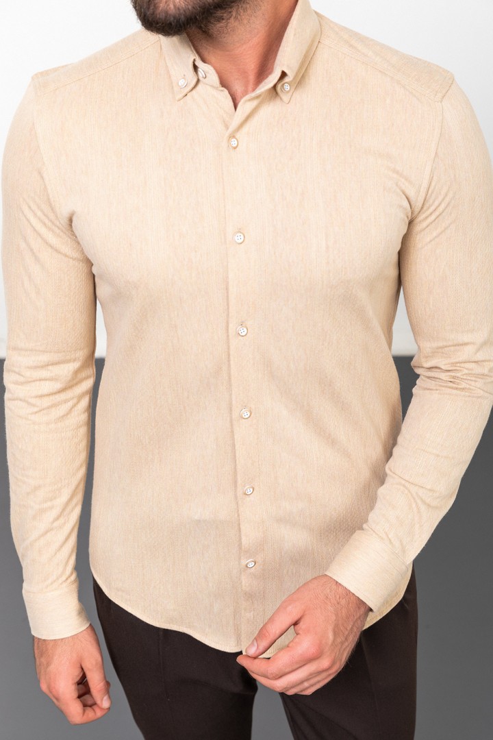 Beige Color Striped Design Casual Cotton Men's Shirt