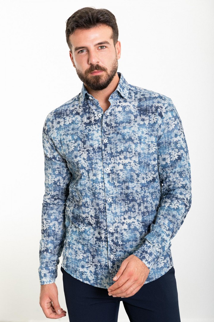Dark Blue And Ecru Color Figured Design Casual Cotton Men's Shirt