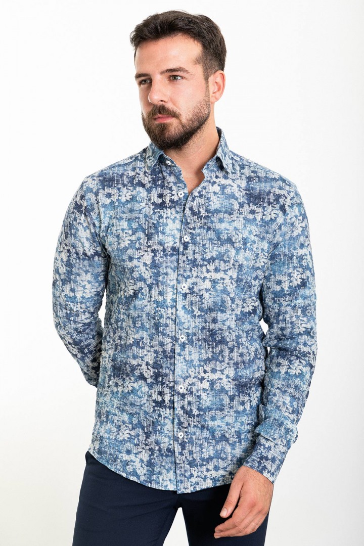 Dark Blue And Ecru Color Figured Design Casual Cotton Men's Shirt