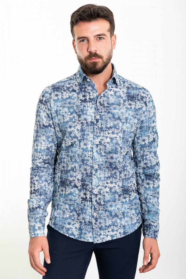 Dark Blue And Ecru Color Figured Design Casual Cotton Men's Shirt