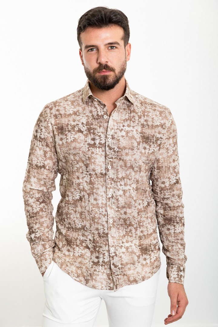 Camel And Ecru Color Figured Design Casual Cotton Men's Shirt