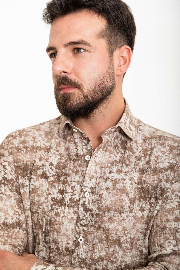 Camel And Ecru Color Figured Design Casual Cotton Men's Shirt