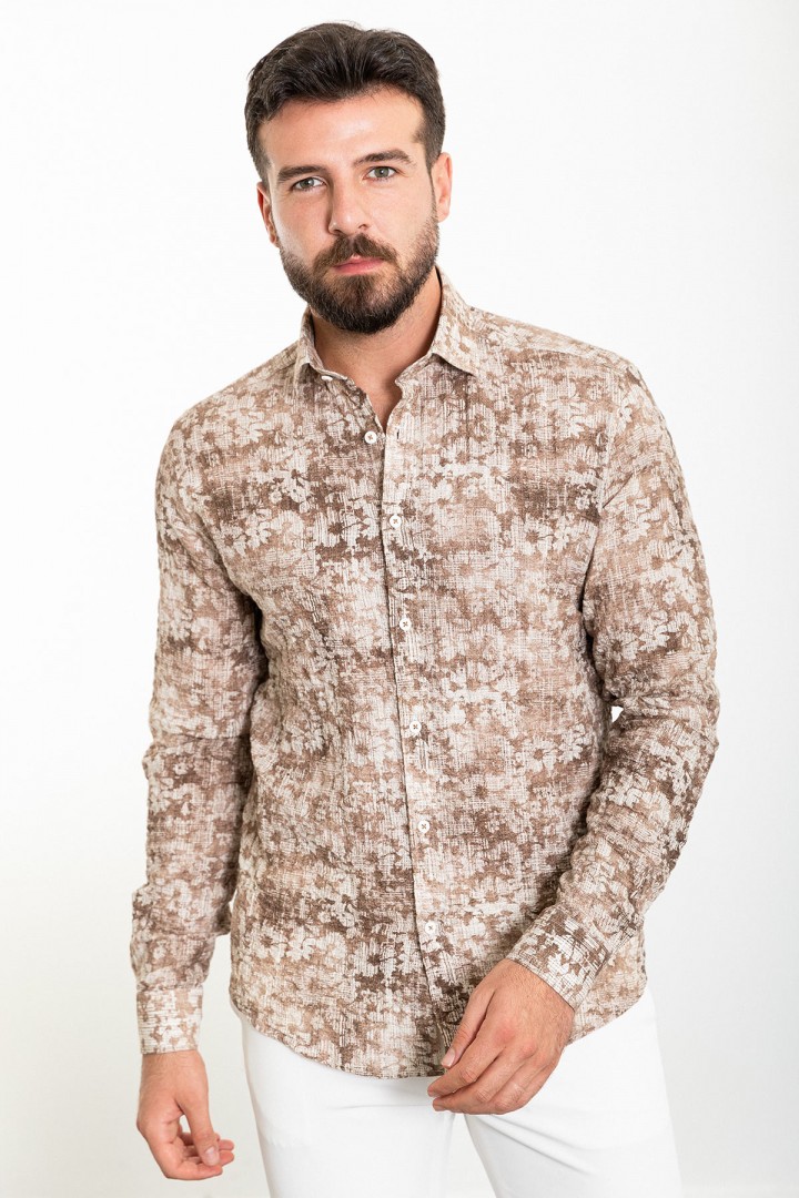 Camel And Ecru Color Figured Design Casual Cotton Men's Shirt