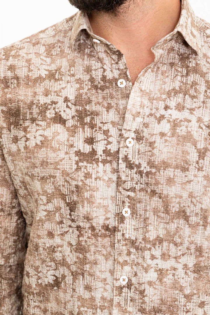 Camel And Ecru Color Figured Design Casual Cotton Men's Shirt