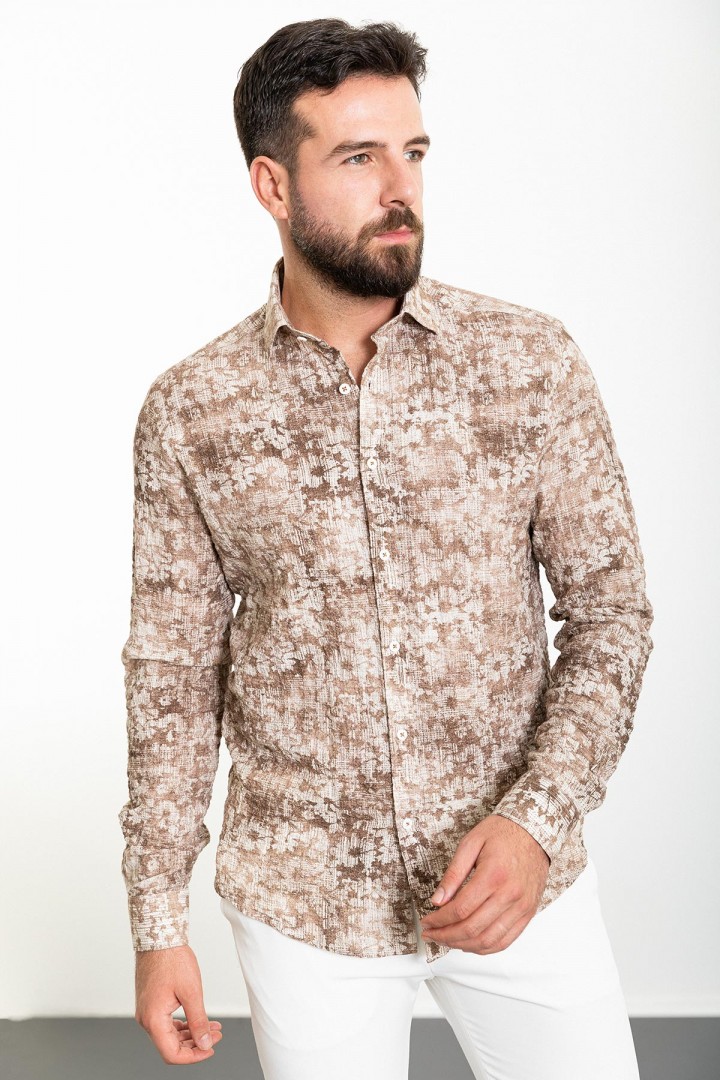 Camel And Ecru Color Figured Design Casual Cotton Men's Shirt