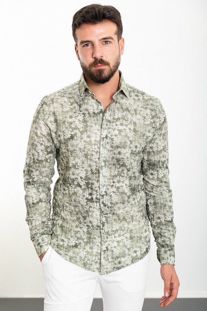 Khaki And Ecru Color Figured Design Casual Cotton Men's Shirt