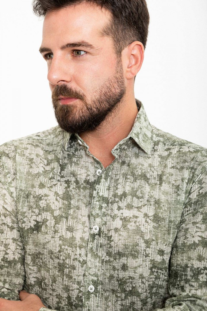 Khaki And Ecru Color Figured Design Casual Cotton Men's Shirt