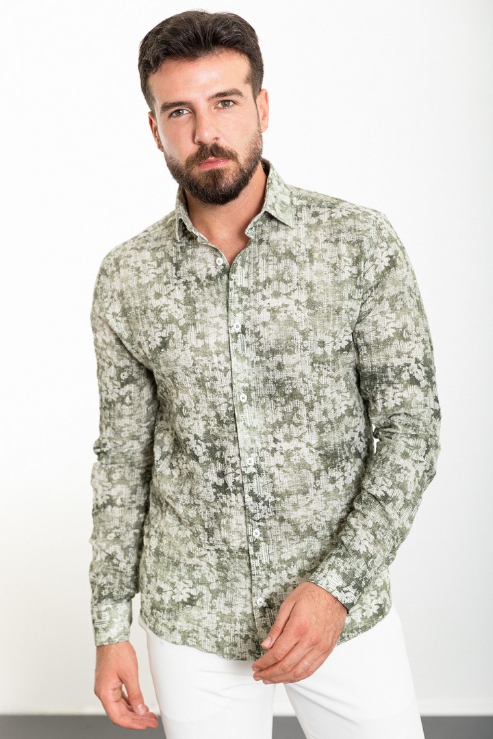Khaki And Ecru Color Figured Design Casual Cotton Men's Shirt