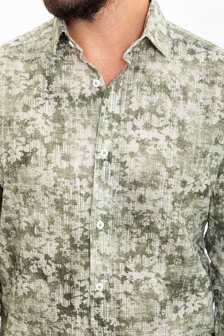 Khaki And Ecru Color Figured Design Casual Cotton Men's Shirt