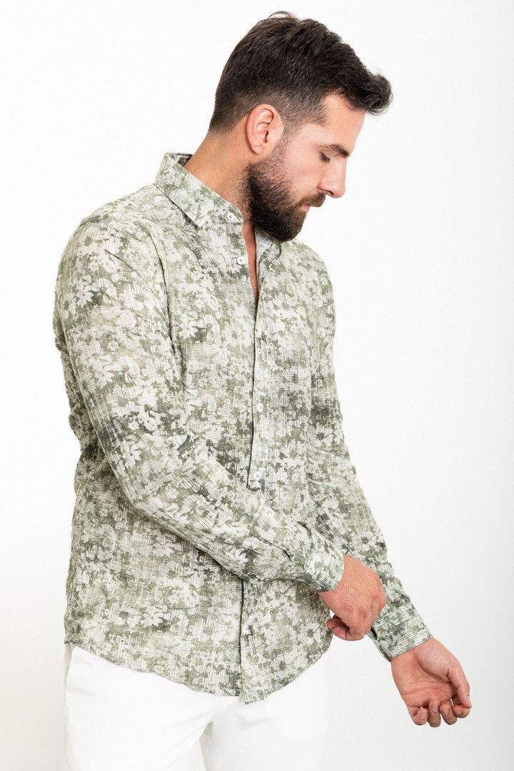 Khaki And Ecru Color Figured Design Casual Cotton Men's Shirt