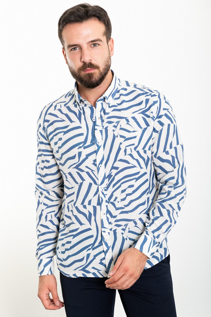 Dark Blue And Ecru Color Figured Design Casual Cotton Men's Shirt