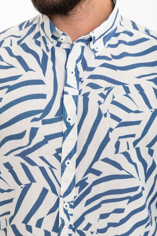 Dark Blue And Ecru Color Figured Design Casual Cotton Men's Shirt