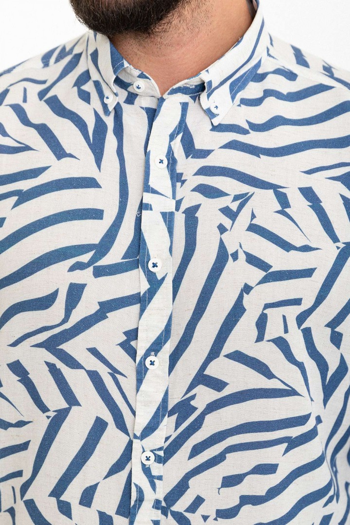 Dark Blue And Ecru Color Figured Design Casual Cotton Men's Shirt