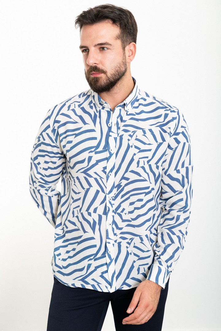 Dark Blue And Ecru Color Figured Design Casual Cotton Men's Shirt