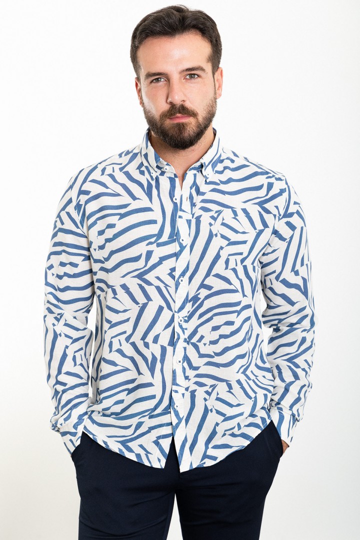 Dark Blue And Ecru Color Figured Design Casual Cotton Men's Shirt