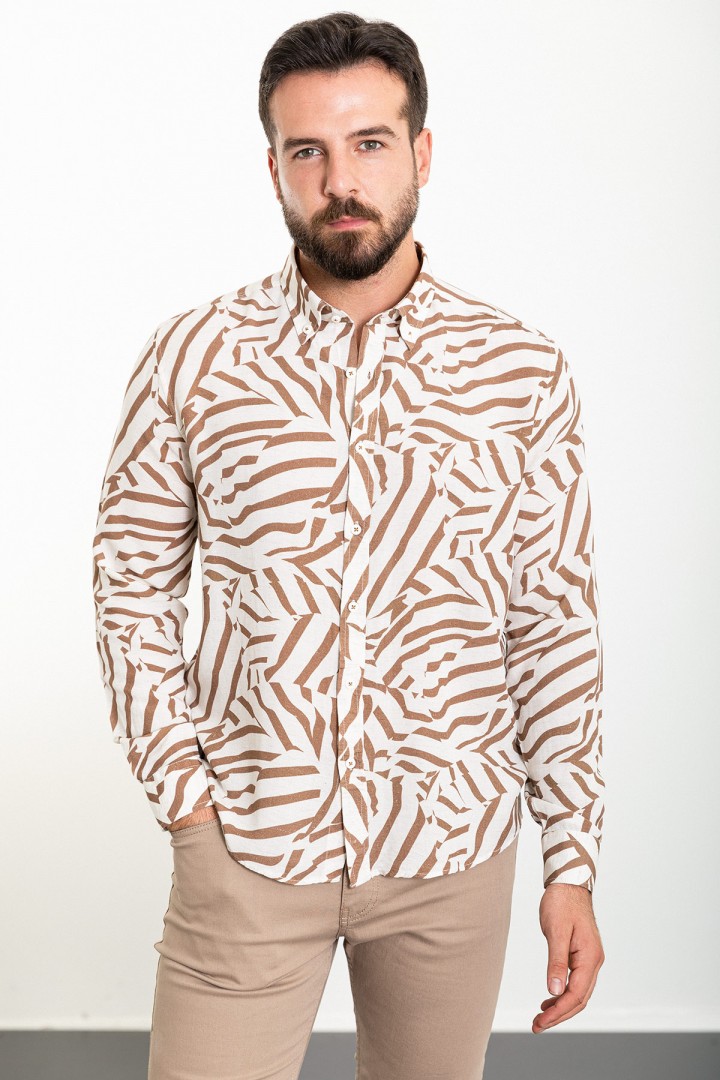 Camel And Ecru Color Figured Design Casual Cotton Men's Shirt