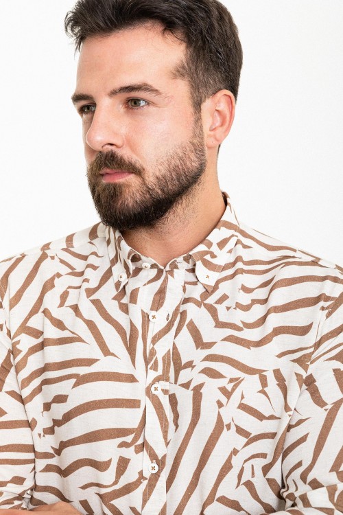 Camel And Ecru Color Figured Design Casual Cotton Men's Shirt