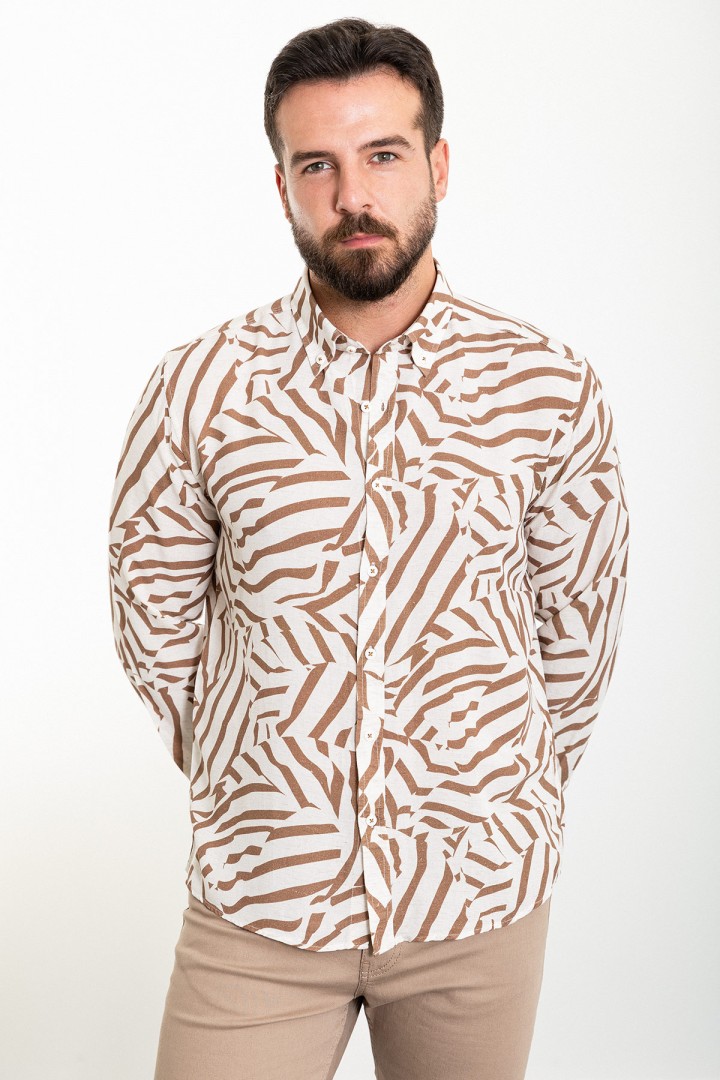 Camel And Ecru Color Figured Design Casual Cotton Men's Shirt