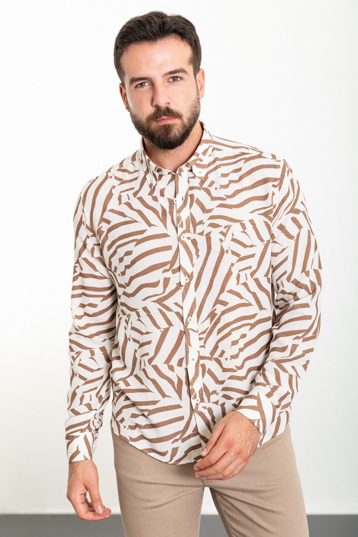 Camel And Ecru Color Figured Design Casual Cotton Men's Shirt
