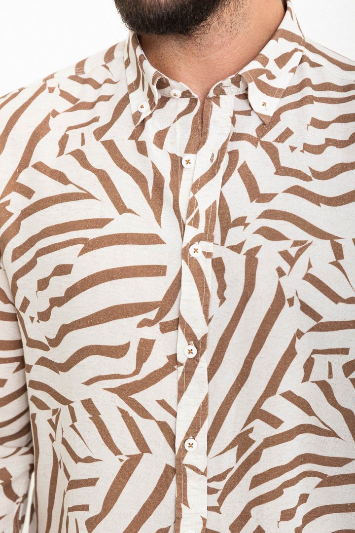 Camel And Ecru Color Figured Design Casual Cotton Men's Shirt