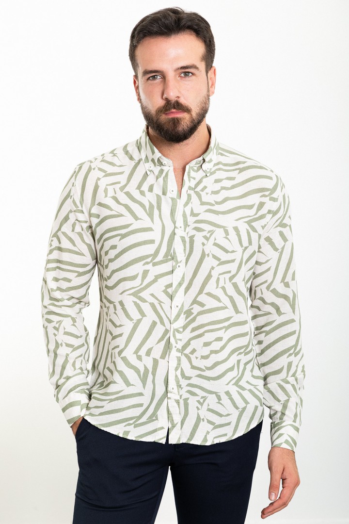 Khaki And Ecru Color Figured Design Casual Cotton Men's Shirt