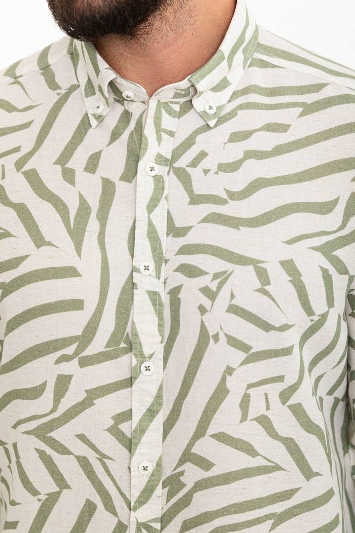 Khaki And Ecru Color Figured Design Casual Cotton Men's Shirt