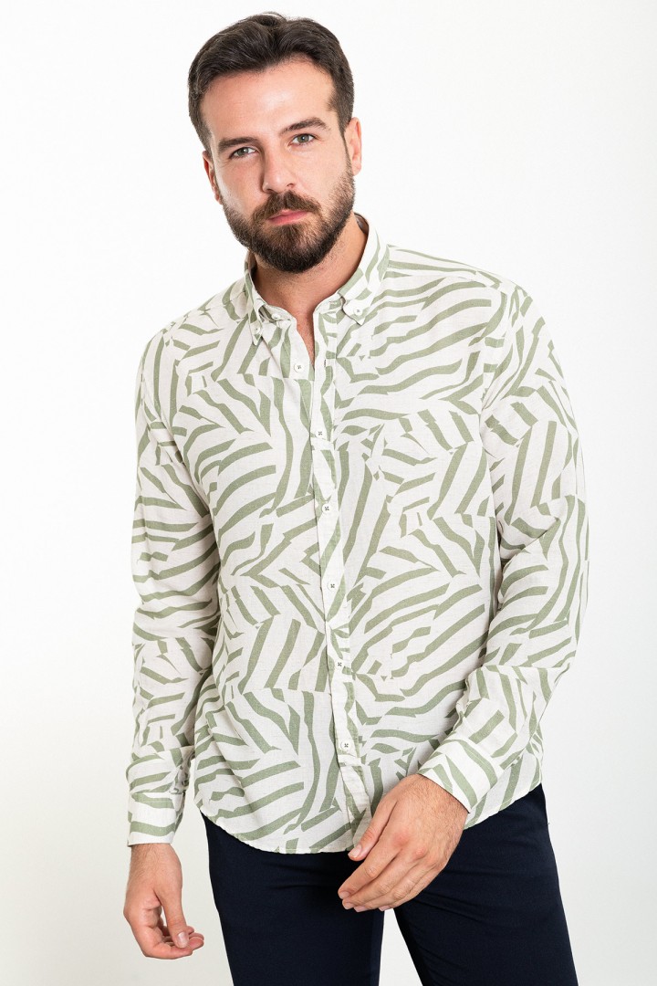 Khaki And Ecru Color Figured Design Casual Cotton Men's Shirt