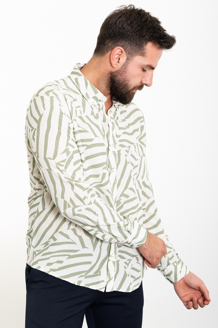 Khaki And Ecru Color Figured Design Casual Cotton Men's Shirt