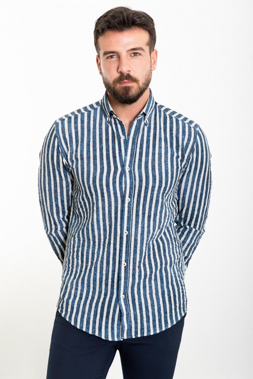 Dark Blue And Ecru Color Striped Design Casual Men's Cotton Shirt