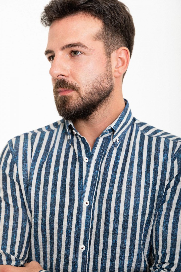 Dark Blue And Ecru Color Striped Design Casual Men's Cotton Shirt