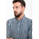 Dark Blue And Ecru Color Striped Design Casual Men's Cotton Shirt