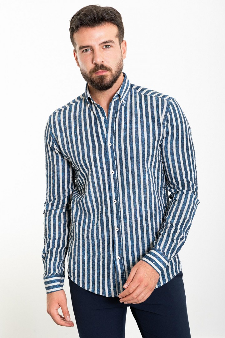 Dark Blue And Ecru Color Striped Design Casual Men's Cotton Shirt