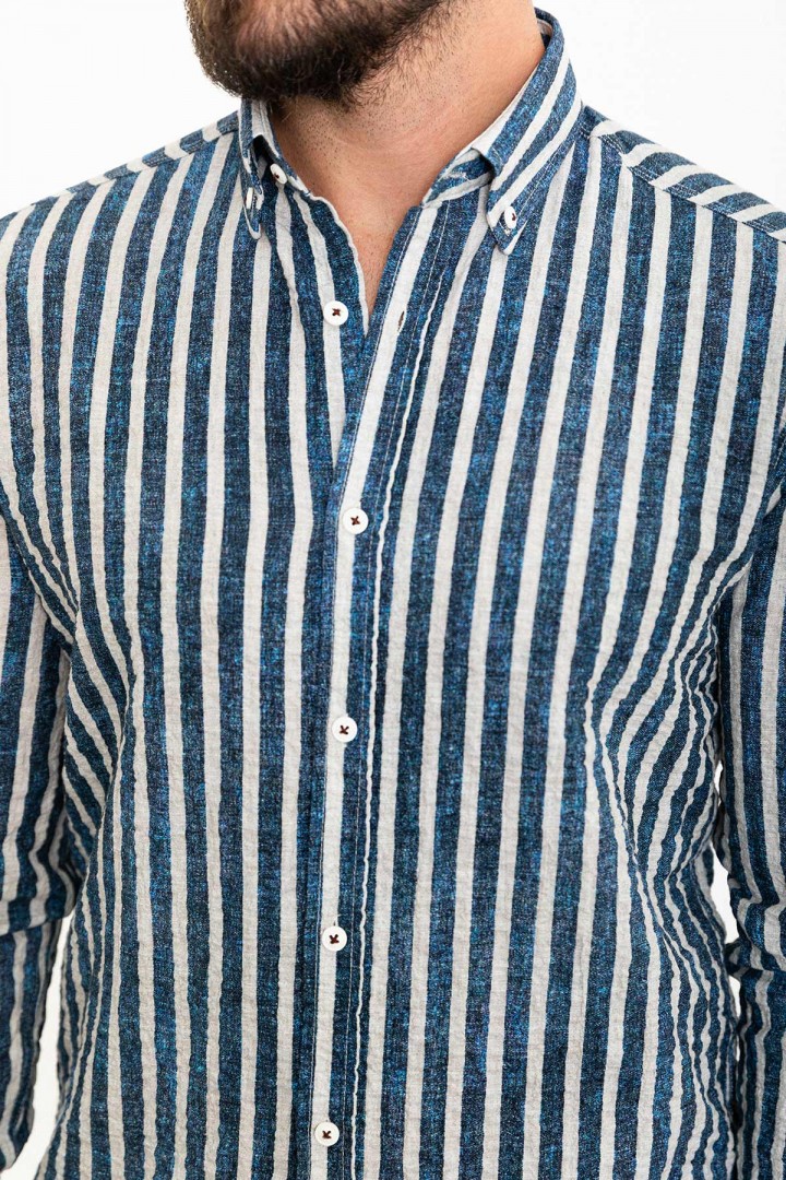 Dark Blue And Ecru Color Striped Design Casual Men's Cotton Shirt