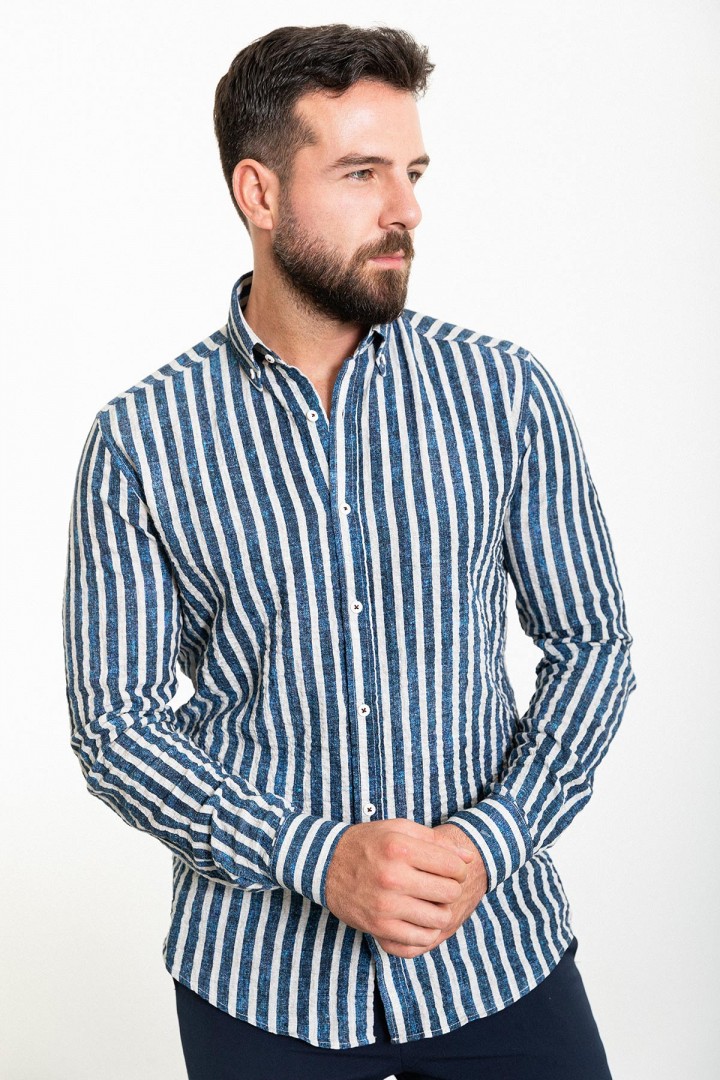 Dark Blue And Ecru Color Striped Design Casual Men's Cotton Shirt