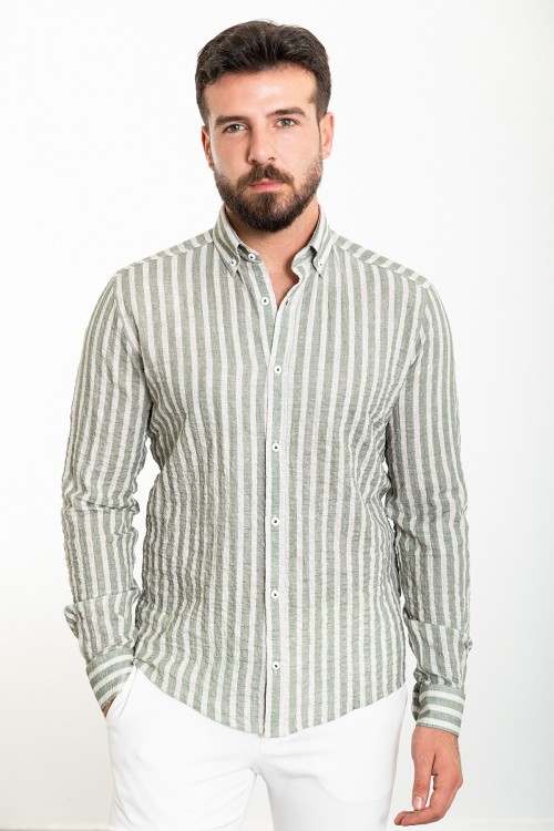 Khaki And Ecru Color Striped Design Casual Men's Cotton Shirt