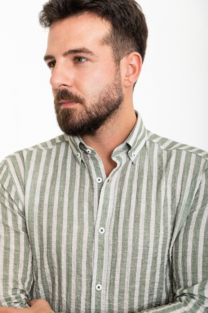 Khaki And Ecru Color Striped Design Casual Men's Cotton Shirt