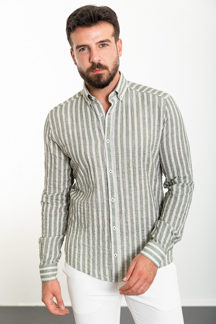 Khaki And Ecru Color Striped Design Casual Men's Cotton Shirt