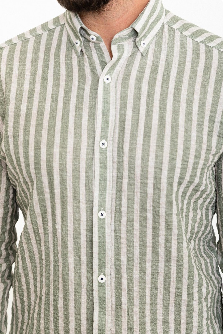 Khaki And Ecru Color Striped Design Casual Men's Cotton Shirt