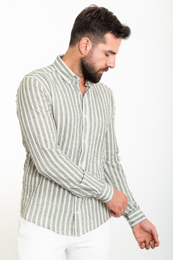 Khaki And Ecru Color Striped Design Casual Men's Cotton Shirt