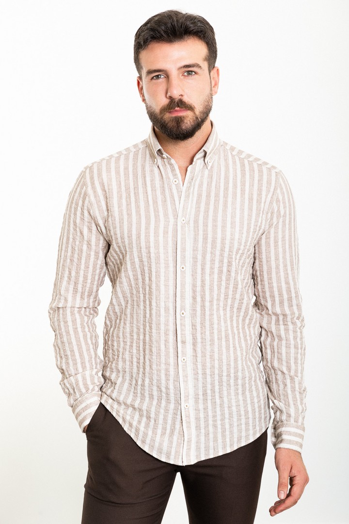 Beige And Ecru Color Striped Design Casual Men's Cotton Shirt