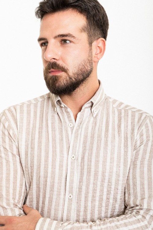 Beige And Ecru Color Striped Design Casual Men's Cotton Shirt