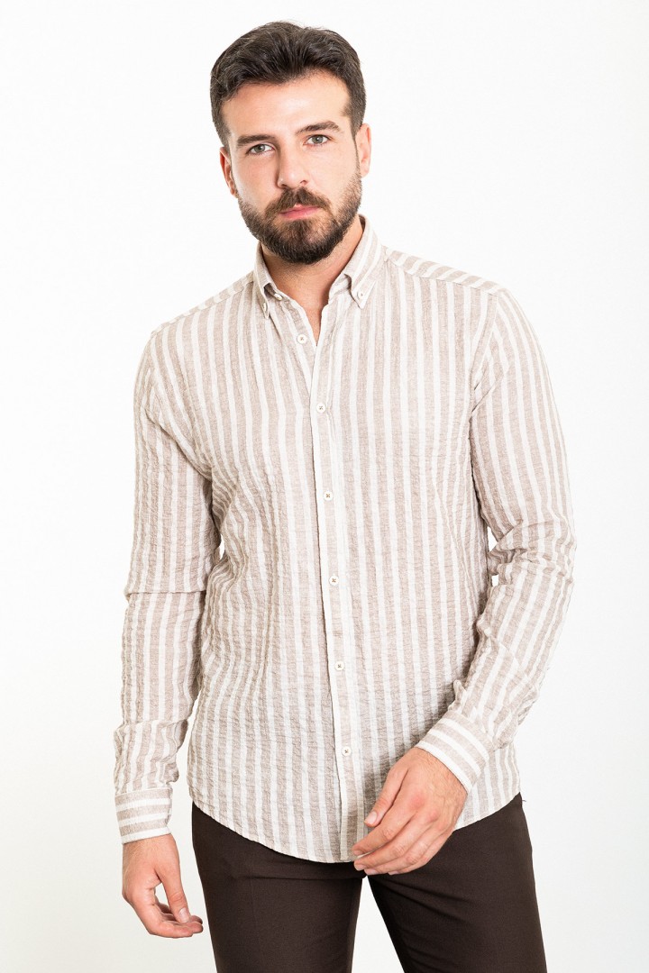 Beige And Ecru Color Striped Design Casual Men's Cotton Shirt