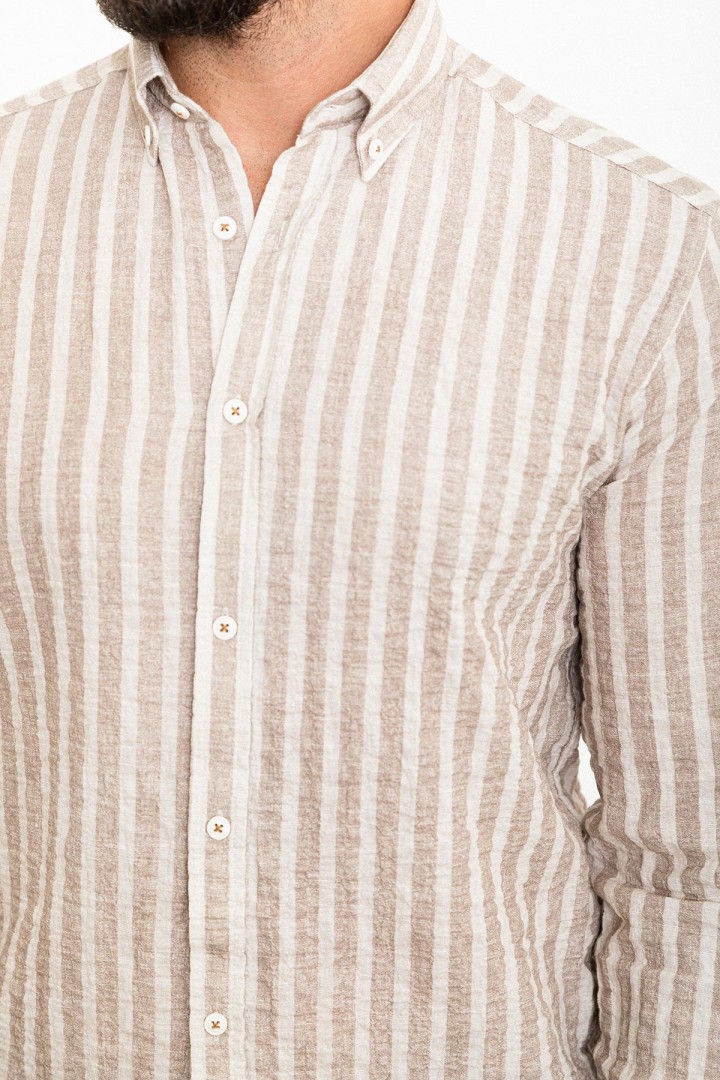 Beige And Ecru Color Striped Design Casual Men's Cotton Shirt