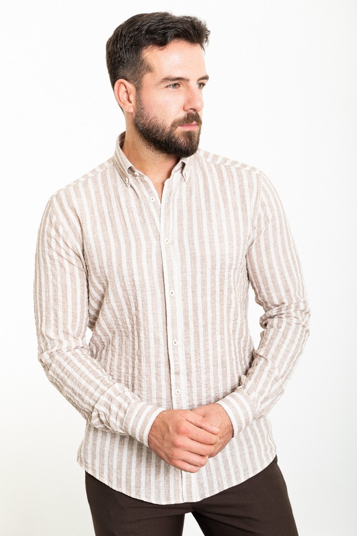 Beige And Ecru Color Striped Design Casual Men's Cotton Shirt