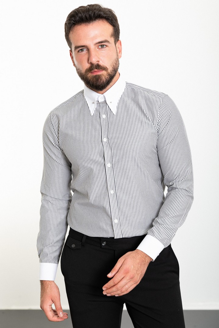 Black And White Color Striped And Hooked Needle Design Classic Men's Shirt